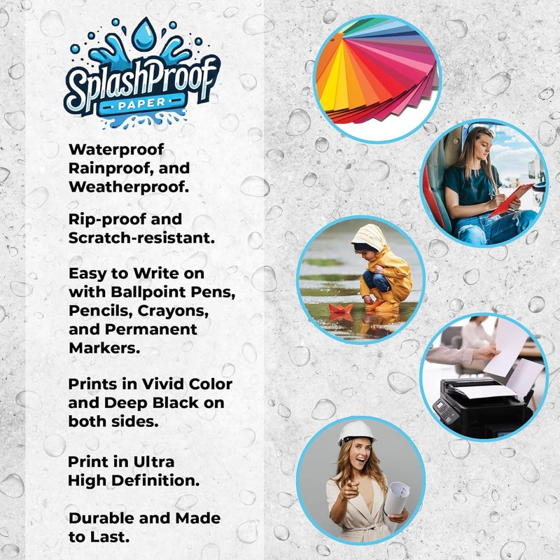 SplashProof Printer Paper - 8.5" x 11", 10 Mil Waterproof Paper, Laser Printer & Copy Machine Compatible (25 Sheets) - Image 2